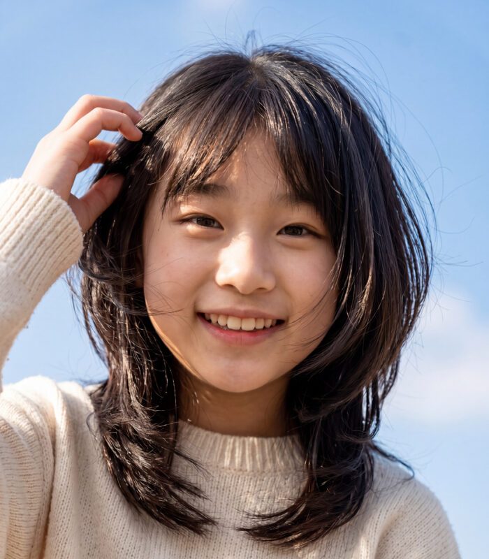 Girl with mid-length hairstyle with bangs