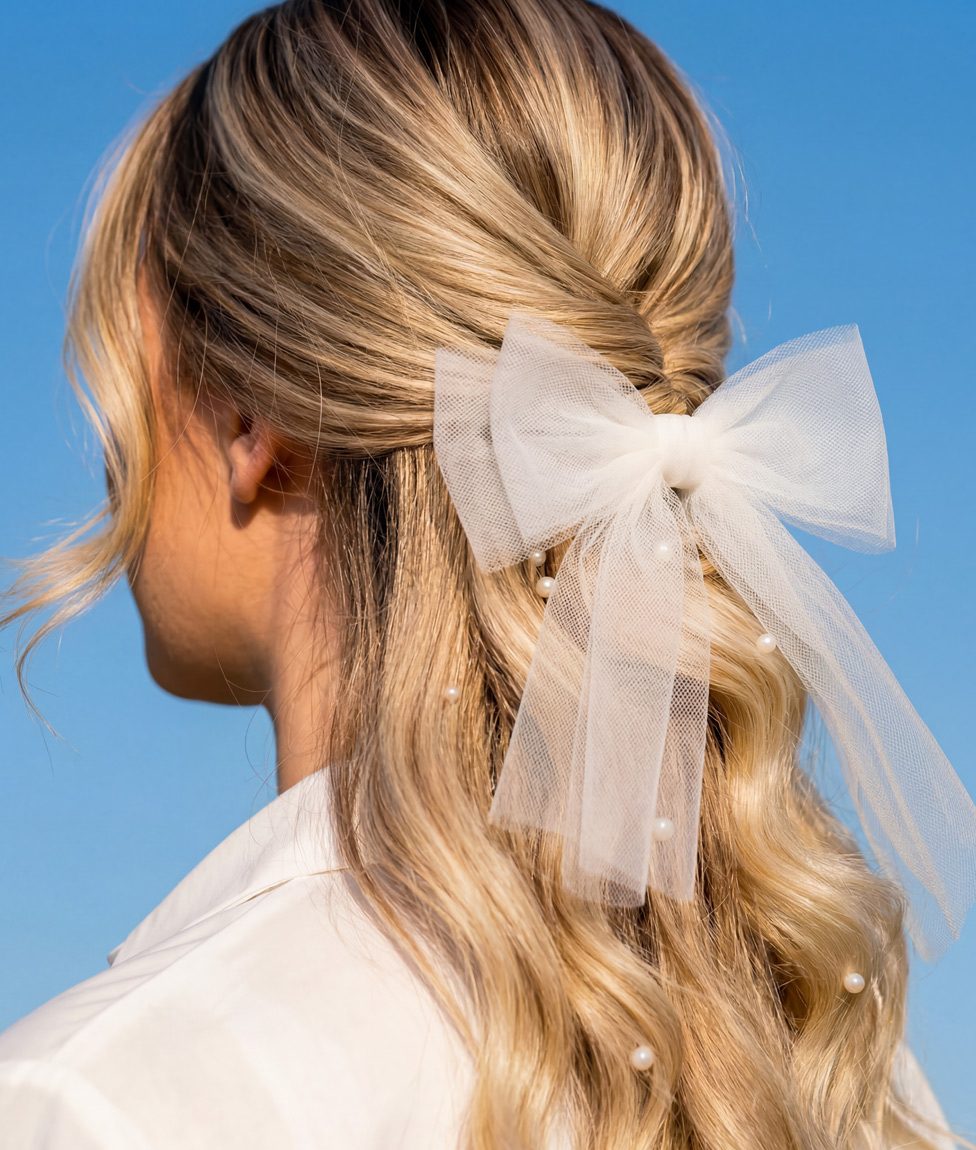 Woman shows her curled hair with black bow demonstrating special occasion design.