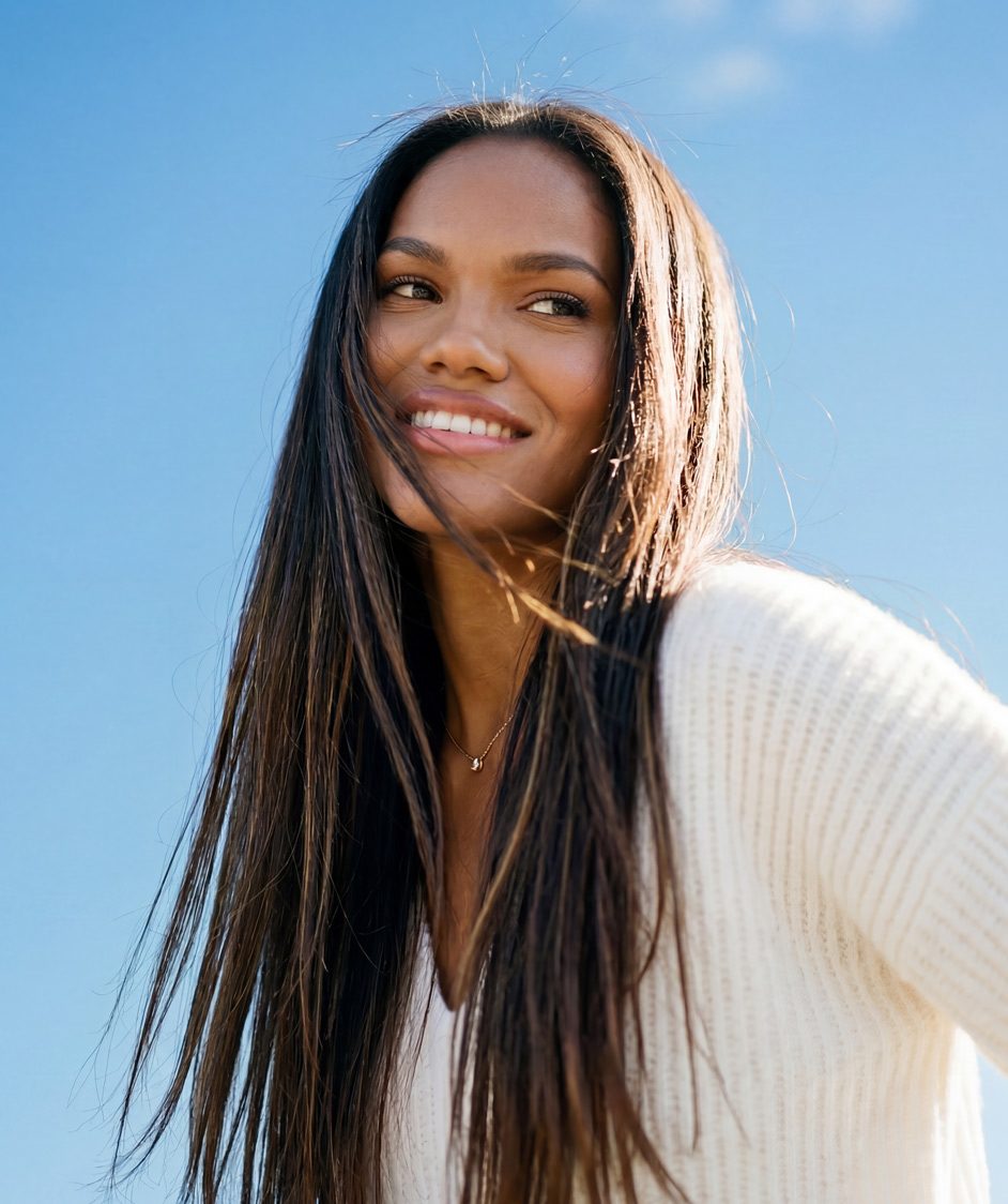 African-American woman with dark, sleek, smooth hair hair