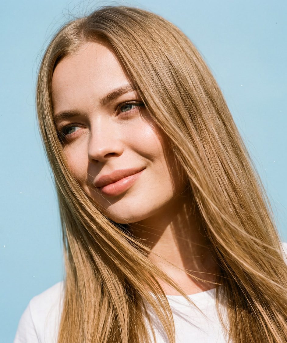 Woman shows smooth hair achieved with keratin treatment.