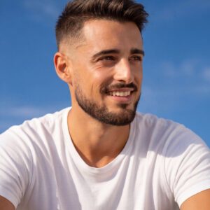 Smiling man with taper fade haircut