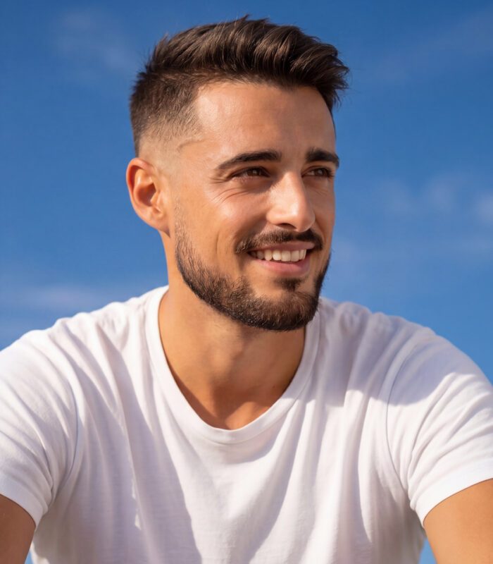 Smiling man with taper fade haircut