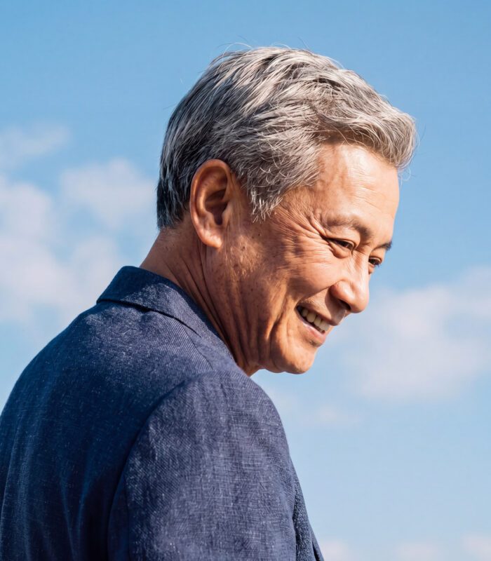 Senior aged Asian man with gray hair