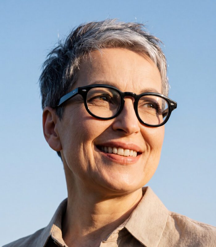Senior-aged woman with black glasses and pixie cut