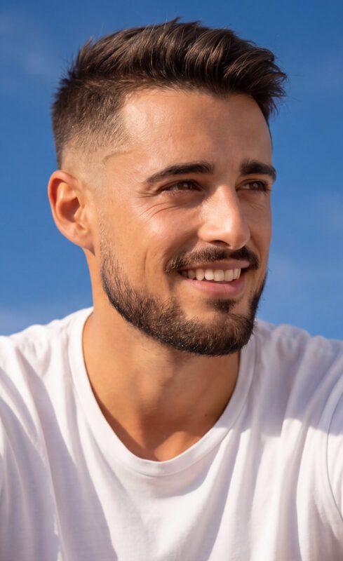 Man with olive skin and dark hair looks away from the camera.