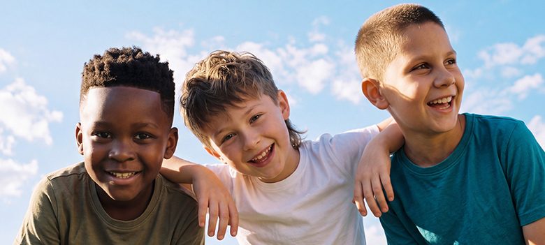 Three smiling boys with varied hairstyles