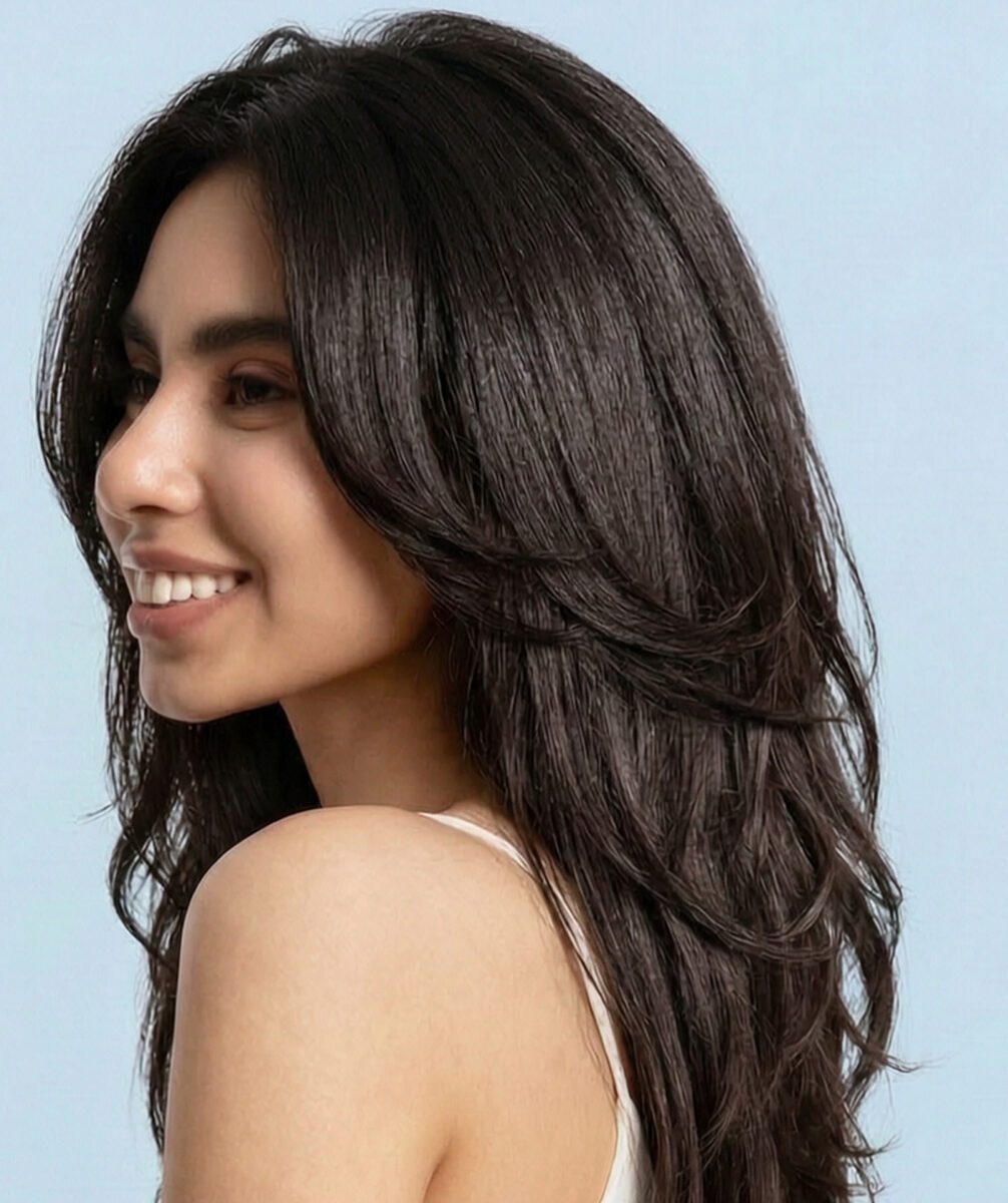woman with long dark hair showcasing blowout style