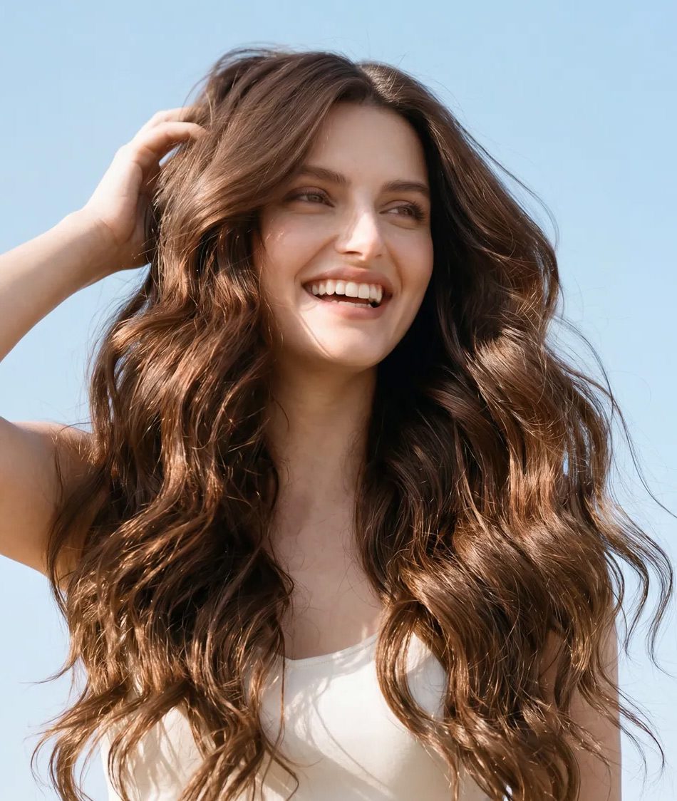 Woman smiling with defined, shiny, natural waves with smooth texture