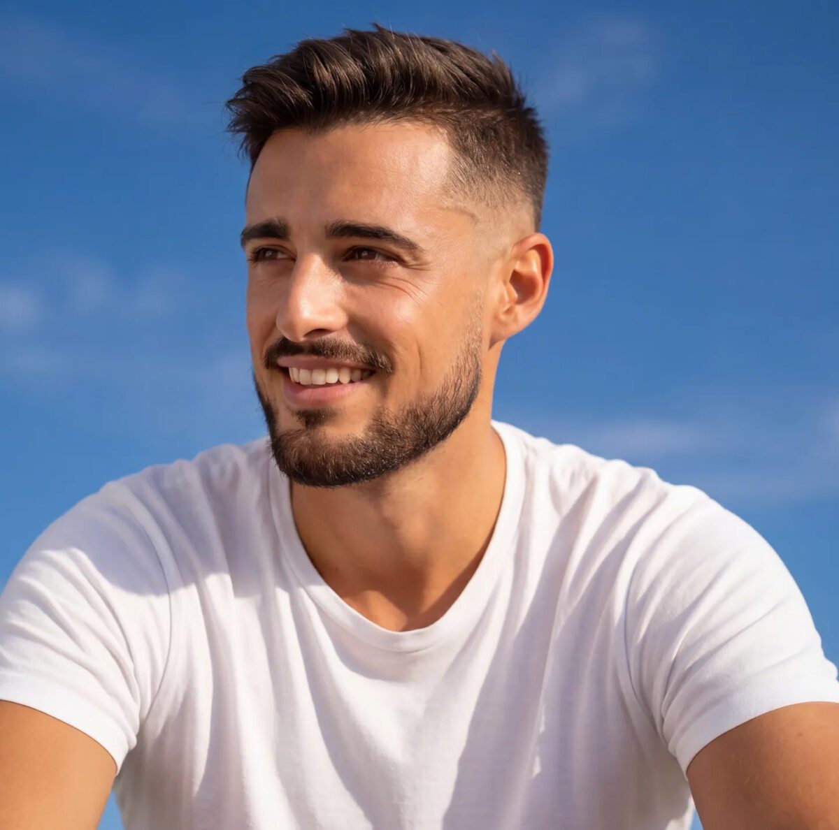 Young man with olive skin looking to the left with styled medium-length hair.