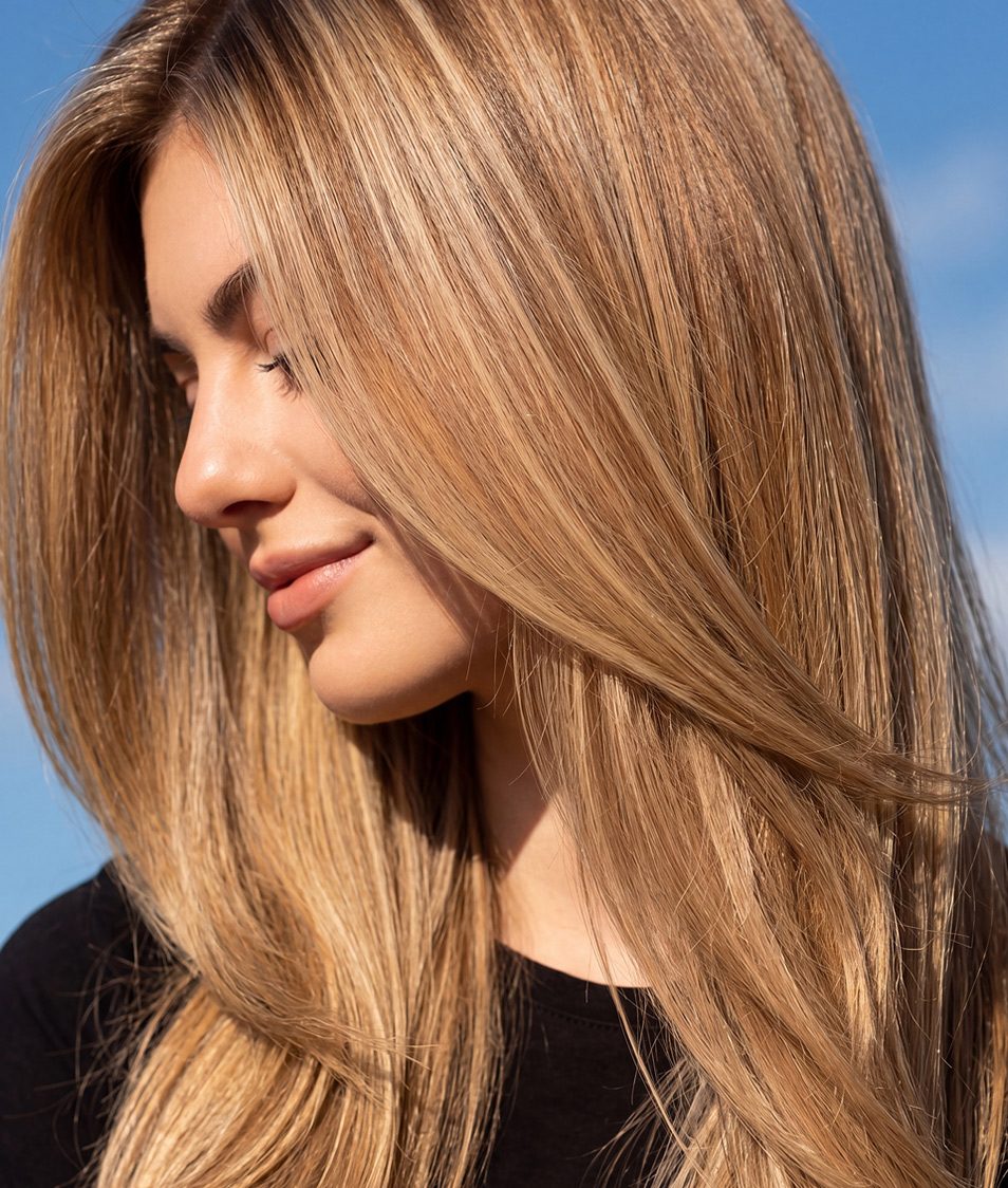Woman shows her flat iron straightened hair.