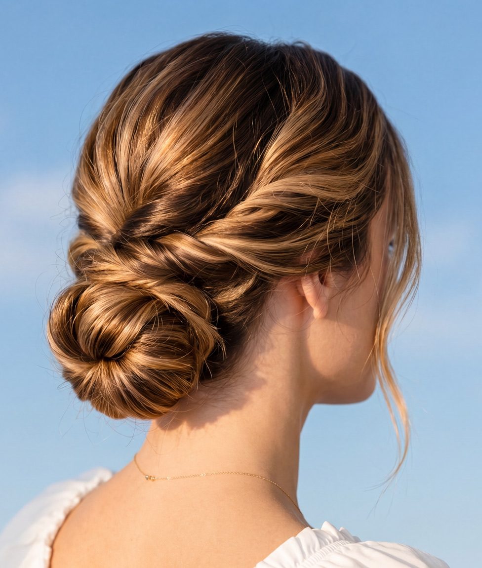 Woman shows her braided updo.