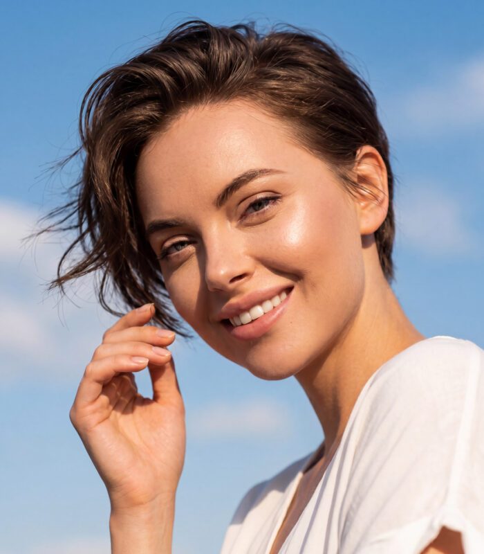 Smiling woman with pixie haircut