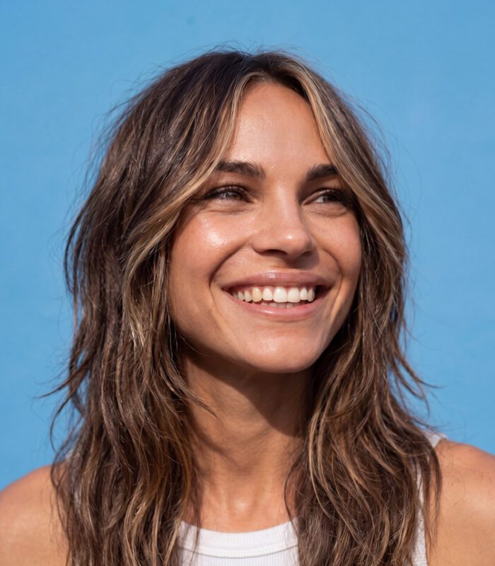 Smiling woman with shag haircut