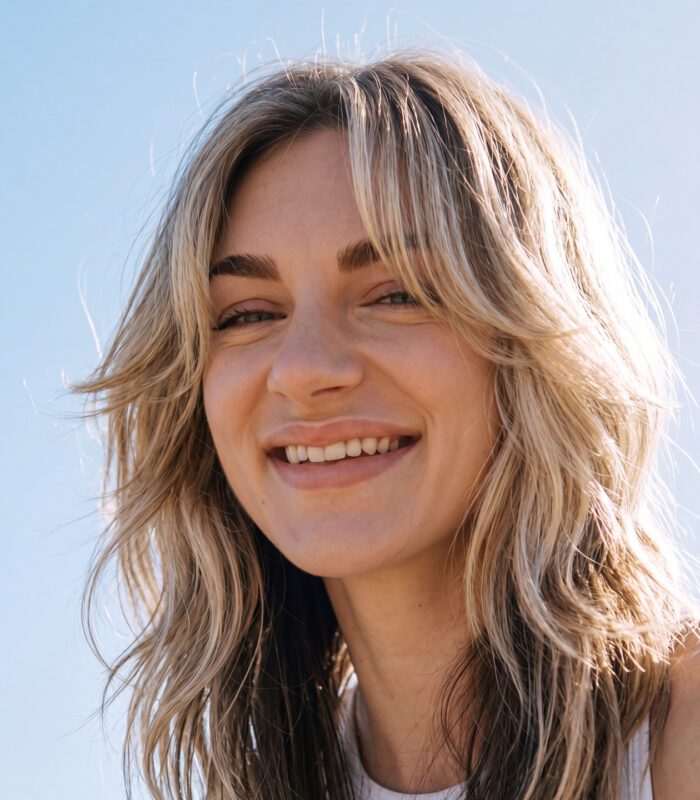 Smiling woman with shaggy wolf cut hairstyle and curtain bangs